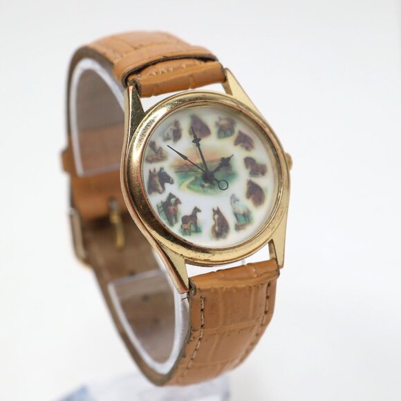 Vintage Ruane Manning Horse Watch Equestrian Gold Tone Faux Leather Band Quartz - Picture 2 of 11